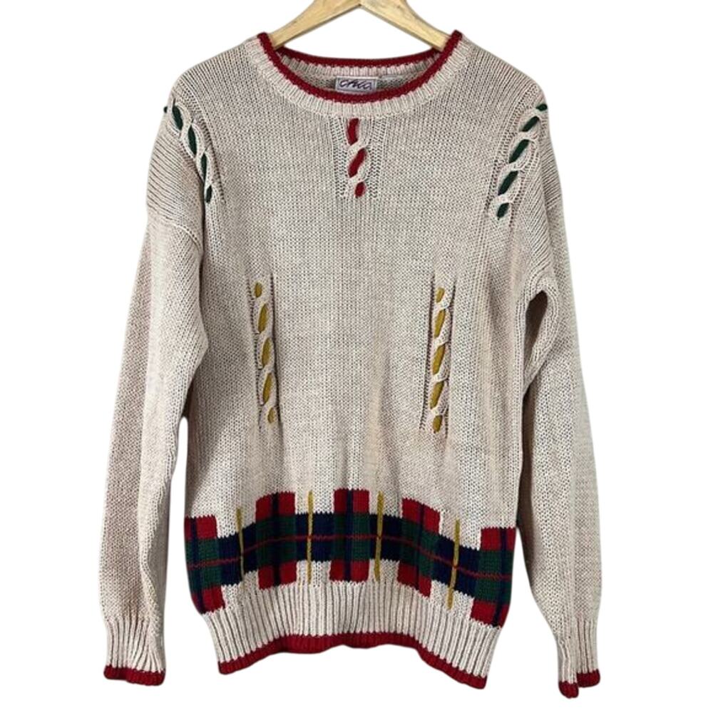 Vintage Chic Sweater Womens M Cream Plaid Hem Open Knit Holiday Ramie Preppy 90s